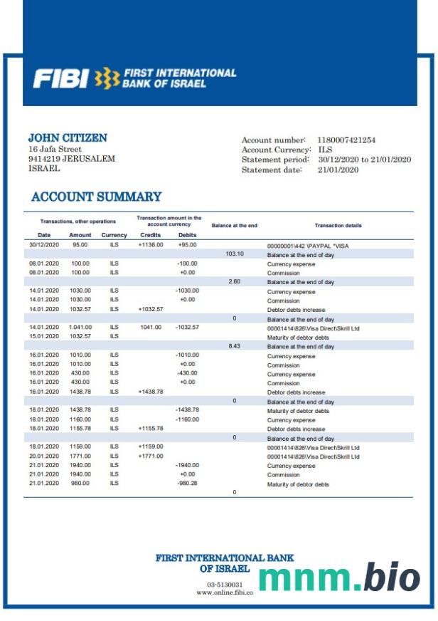 Israel First International Bank of Israel wyciąg bankowy łatwy do wypełnienia szablon w formacie Excel i PDF
